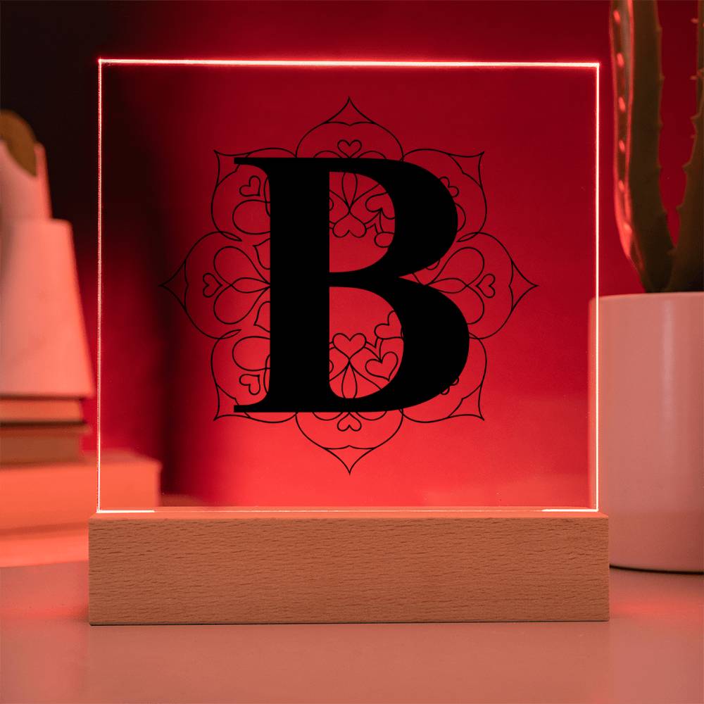 Magnolia Mandala Alphabet Letter B - Square Acrylic Plaque With LED Base