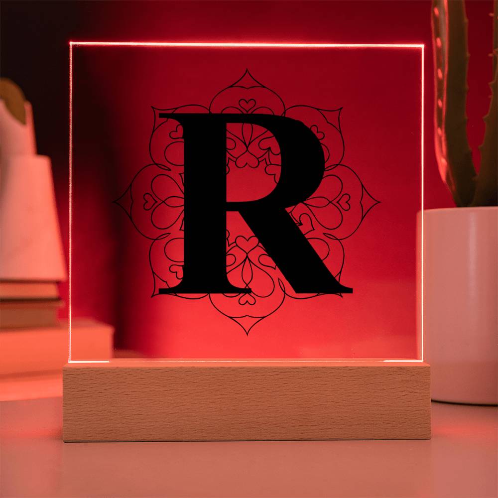 Magnolia Mandala Alphabet Letter R - Square Acrylic Plaque With LED Base