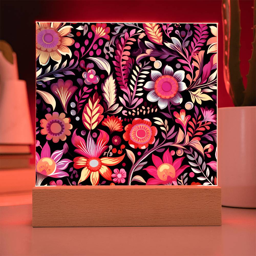 Mexican Floral Fiesta Pattern 059 - Square Acrylic Plaque With LED Base