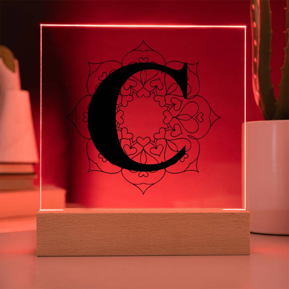 Magnolia Mandala Alphabet Letter C - Square Acrylic Plaque With LED Base