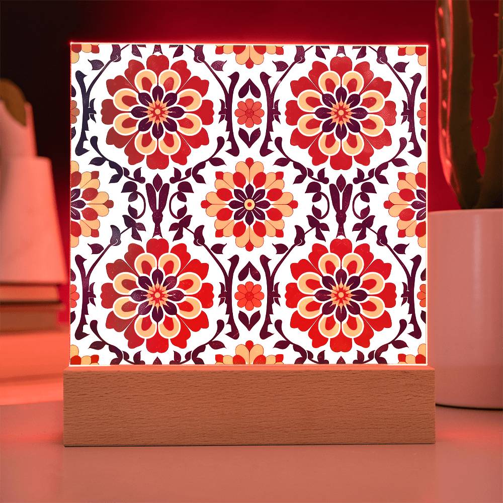 Mexican Floral Fiesta Pattern 047 - Square Acrylic Plaque With LED Base
