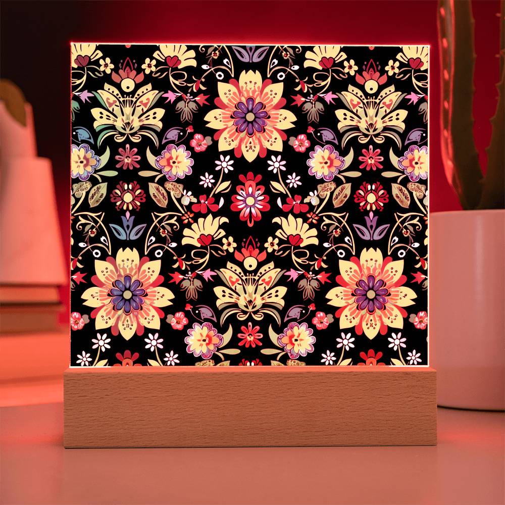 Mexican Floral Fiesta Pattern 066 - Square Acrylic Plaque With LED Base