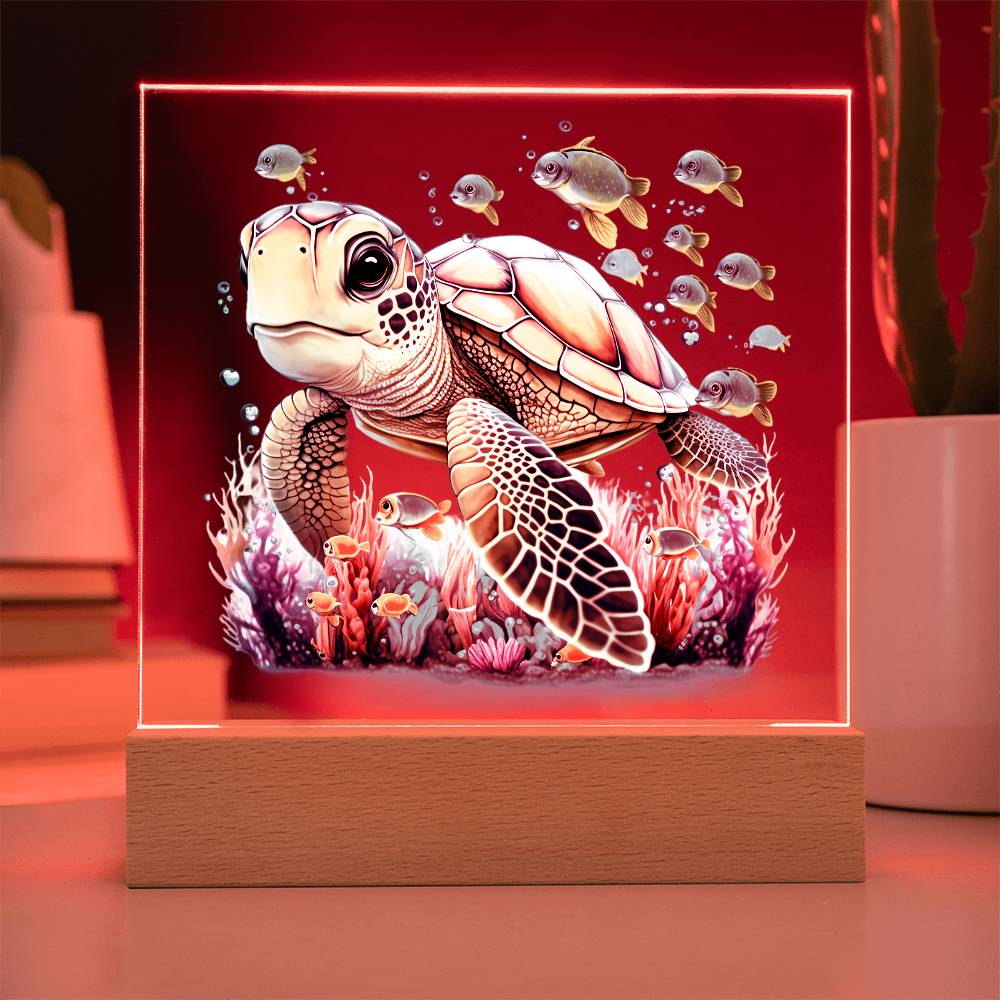 Cute Sea Turtle 003 - Square Acrylic Plaque With LED Base