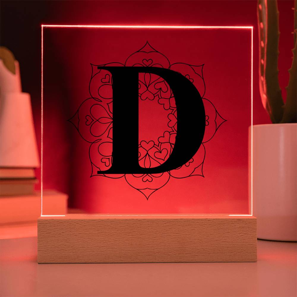 Magnolia Mandala Alphabet Letter D - Square Acrylic Plaque With LED Base