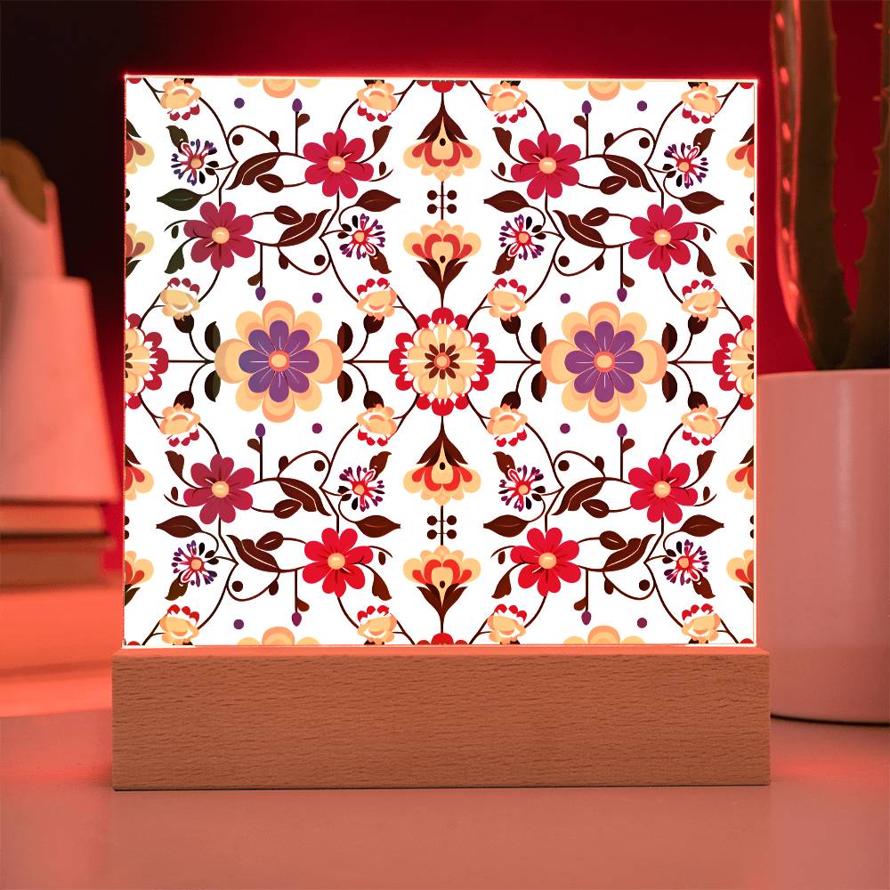 Mexican Floral Fiesta Pattern 018 - Square Acrylic Plaque With LED Base