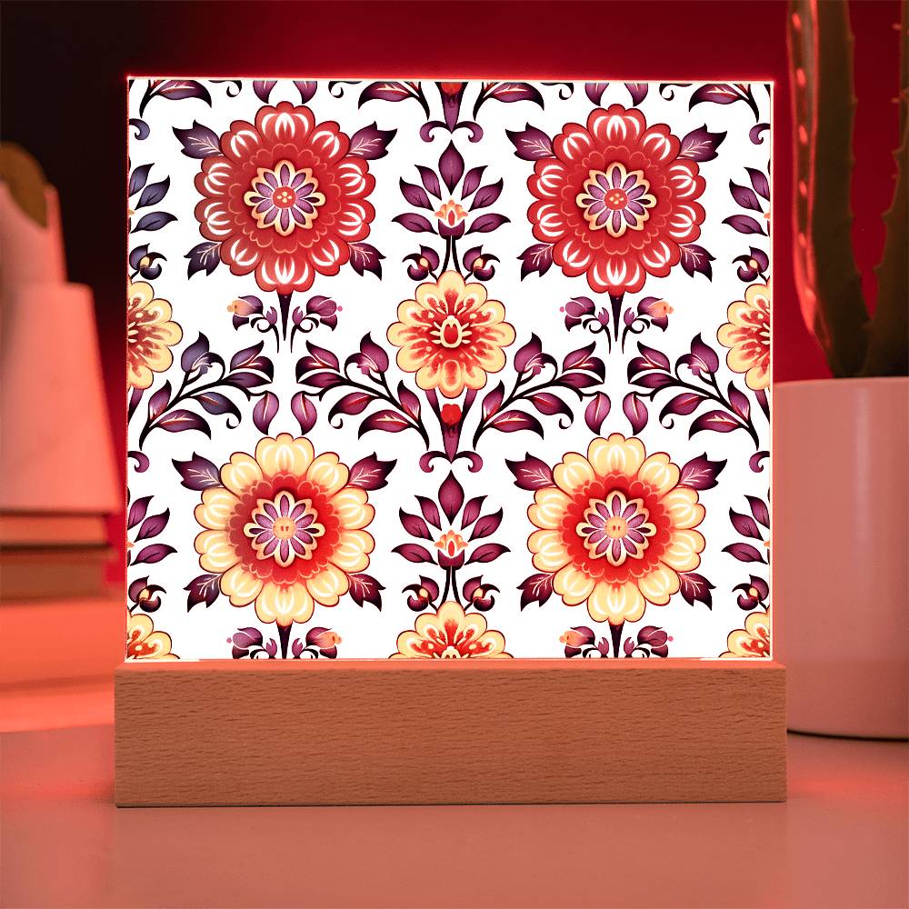 Mexican Floral Fiesta Pattern 044 - Square Acrylic Plaque With LED Base