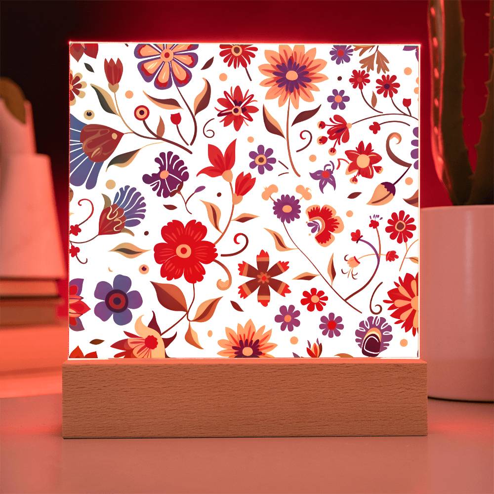Mexican Floral Fiesta Pattern 014 - Square Acrylic Plaque With LED Base