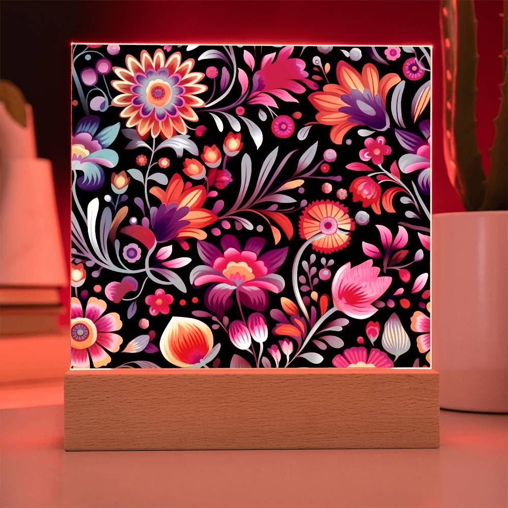 Mexican Floral Fiesta Pattern 057 - Square Acrylic Plaque With LED Base