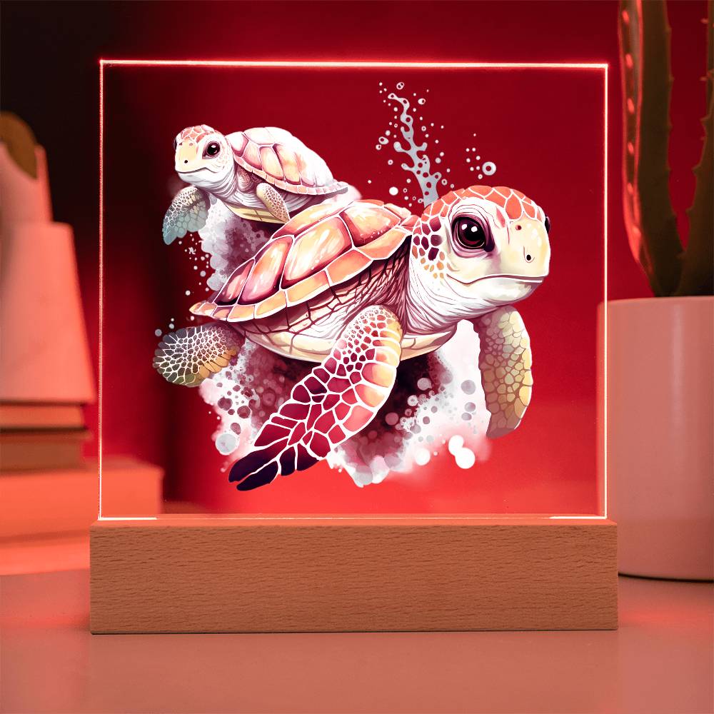 Cute Sea Turtle 011 - Square Acrylic Plaque With LED Base