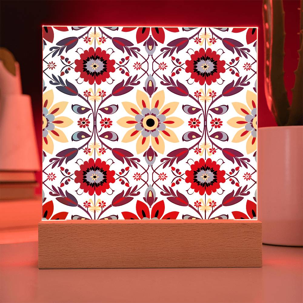 Mexican Floral Fiesta Pattern 041 - Square Acrylic Plaque With LED Base