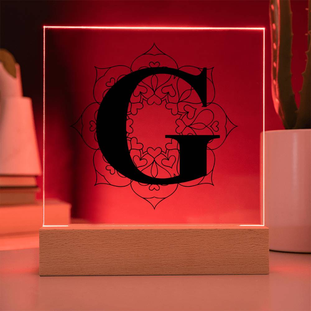 Magnolia Mandala Alphabet Letter G - Square Acrylic Plaque With LED Base