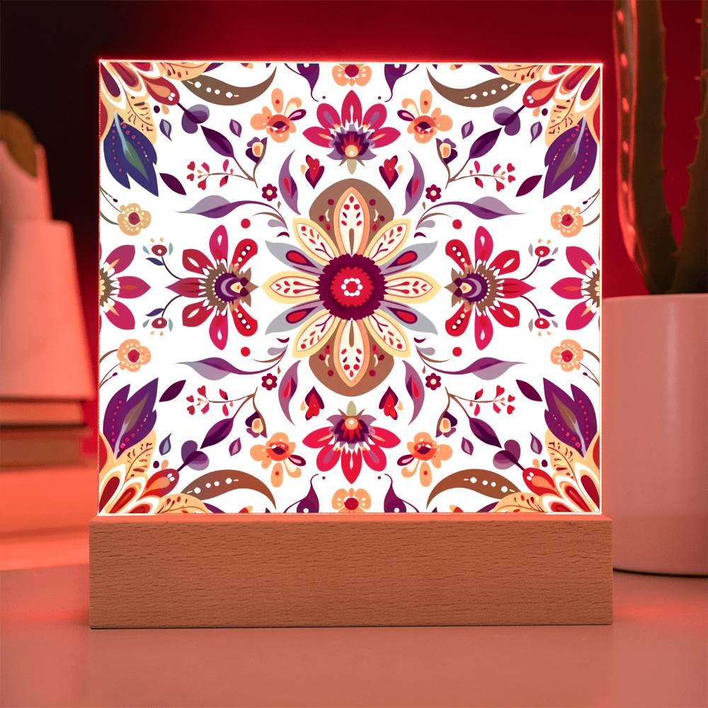 Mexican Floral Fiesta Pattern 069 - Square Acrylic Plaque With LED Base