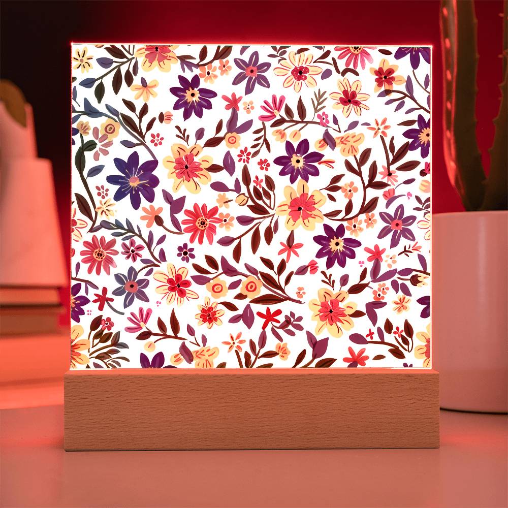 Mexican Floral Fiesta Pattern 006 - Square Acrylic Plaque With LED Base