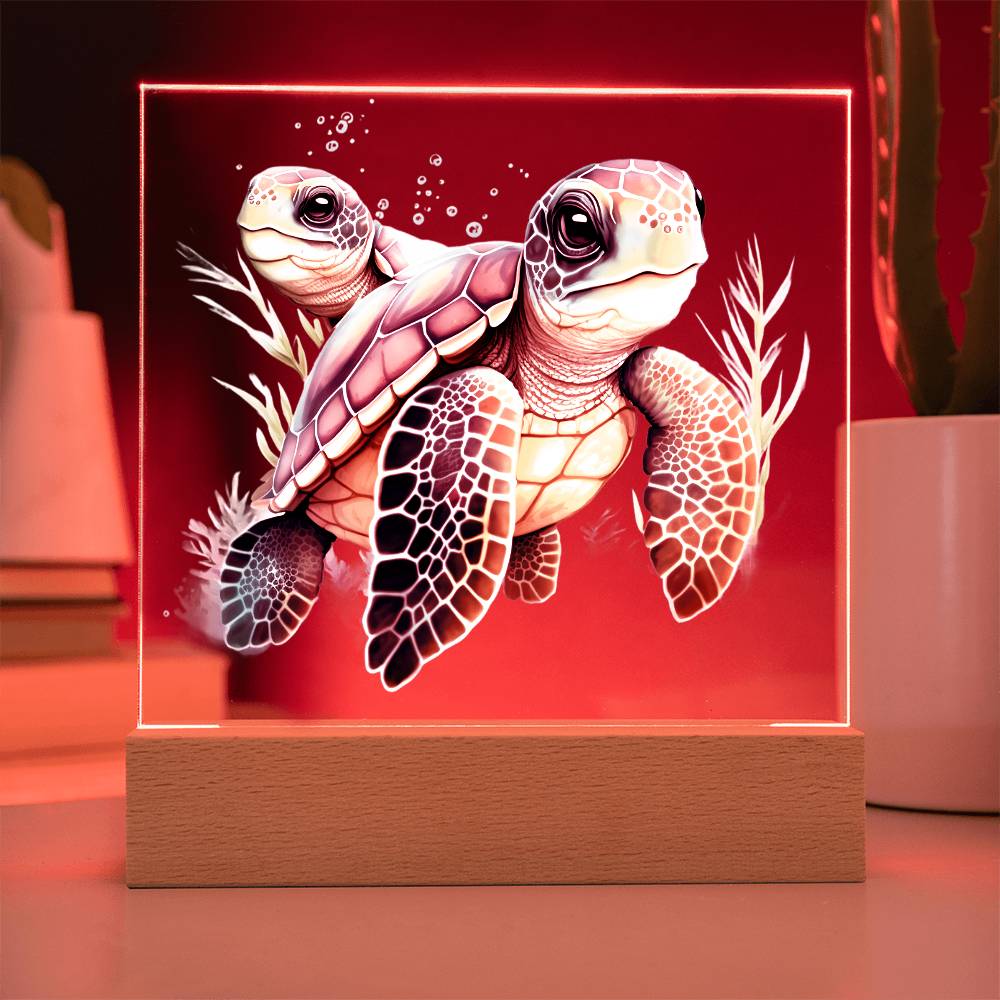 Cute Sea Turtle 010 - Square Acrylic Plaque With LED Base