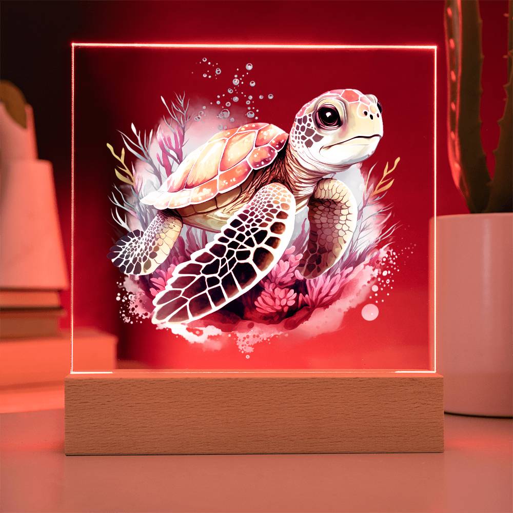 Cute Sea Turtle 007 - Square Acrylic Plaque With LED Base