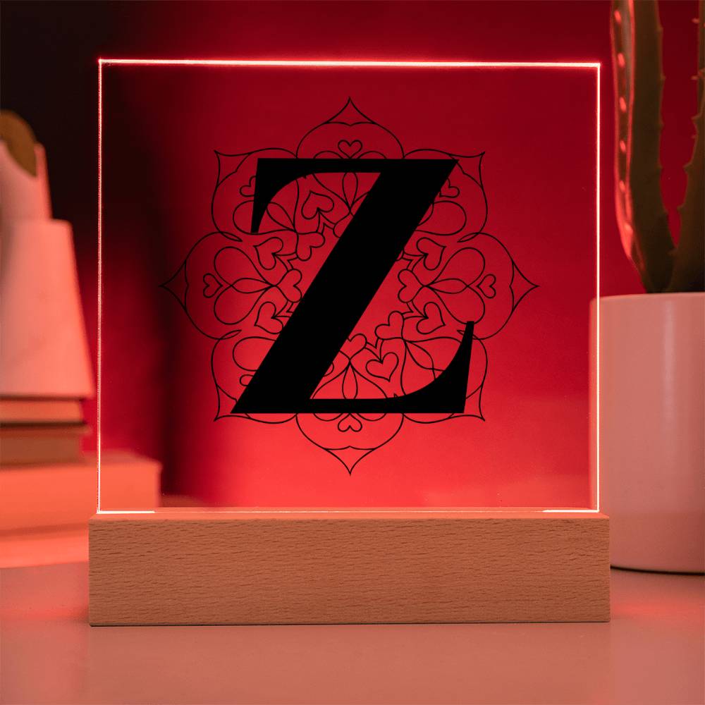 Magnolia Mandala Alphabet Letter Z - Square Acrylic Plaque With LED Base