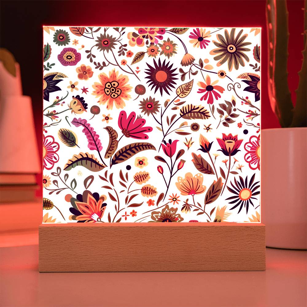 Mexican Floral Fiesta Pattern 015 - Square Acrylic Plaque With LED Base