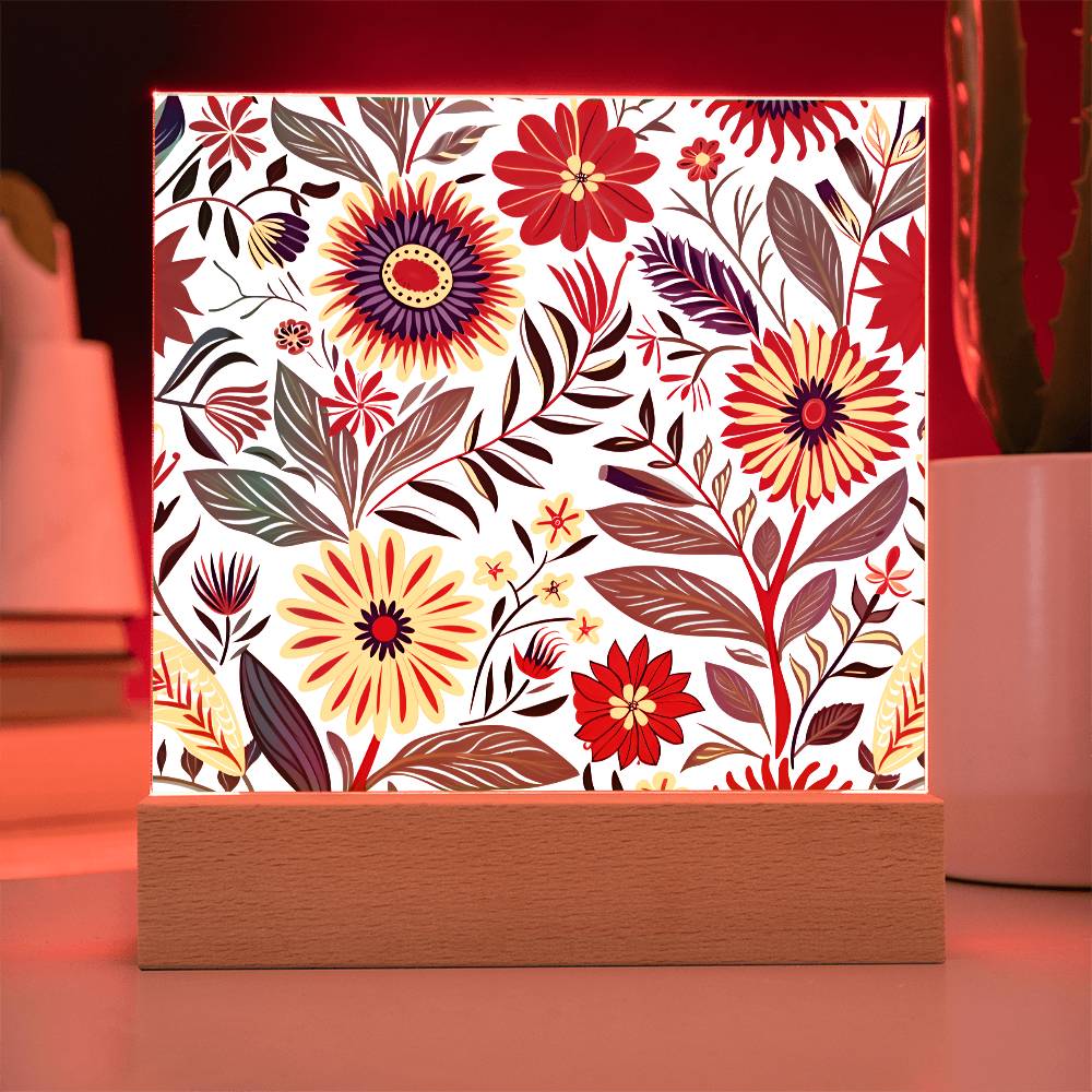 Mexican Floral Fiesta Pattern 023 - Square Acrylic Plaque With LED Base