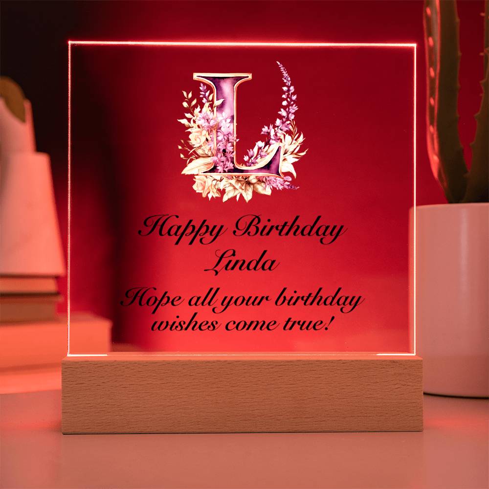 Happy Birthday Linda (Lavender Flowers) - Square Acrylic Plaque With LED Base