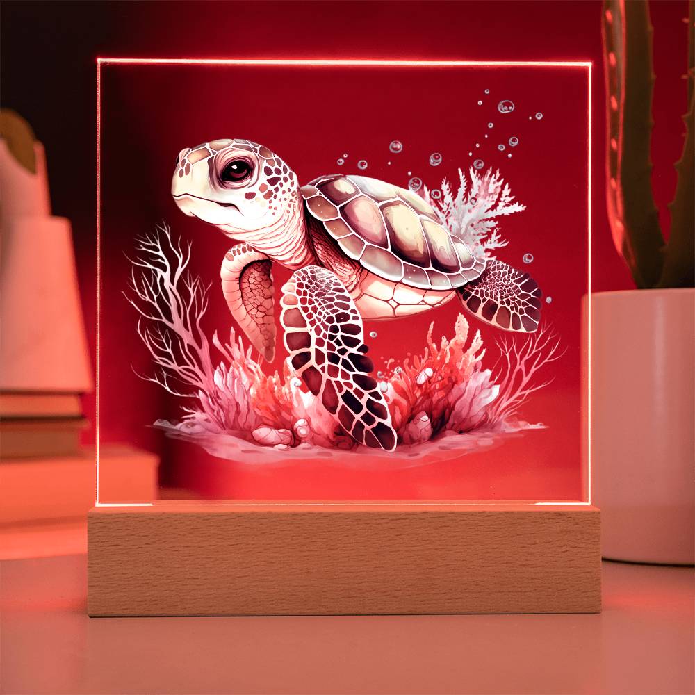 Cute Sea Turtle 013 - Square Acrylic Plaque With LED Base