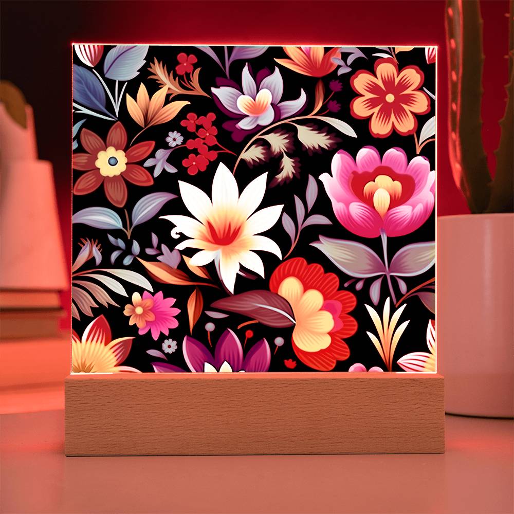 Mexican Floral Fiesta Pattern 036 - Square Acrylic Plaque With LED Base