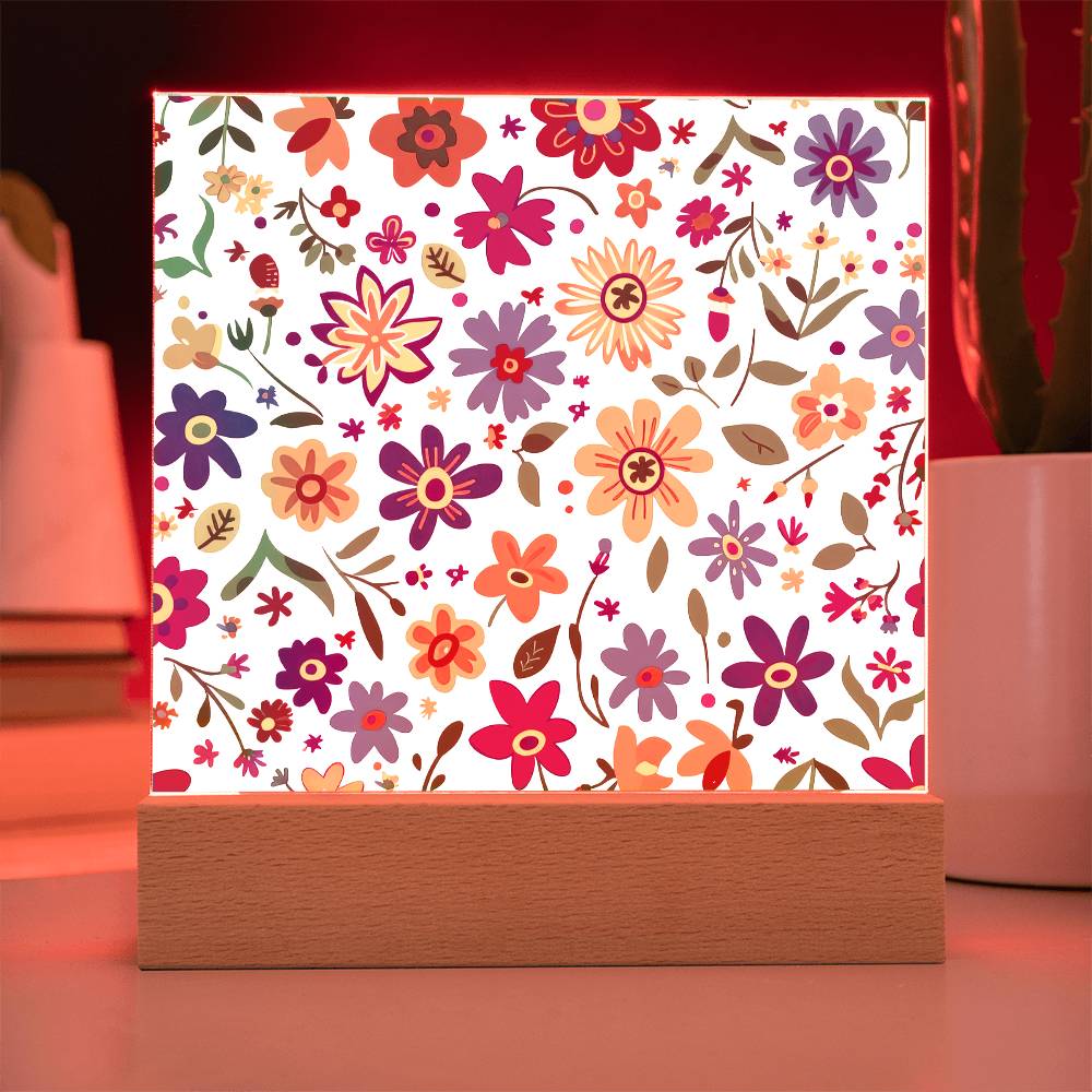 Mexican Floral Fiesta Pattern 005 - Square Acrylic Plaque With LED Base