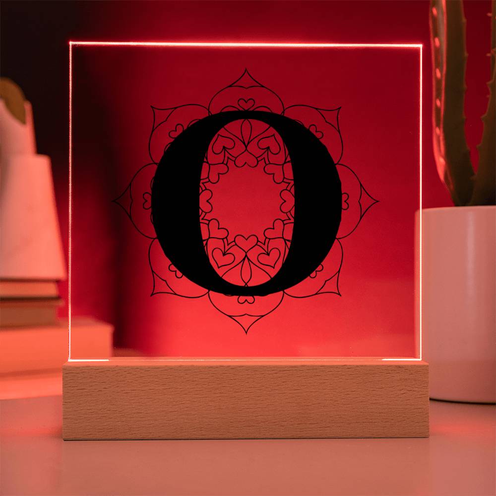 Magnolia Mandala Alphabet Letter O - Square Acrylic Plaque With LED Base