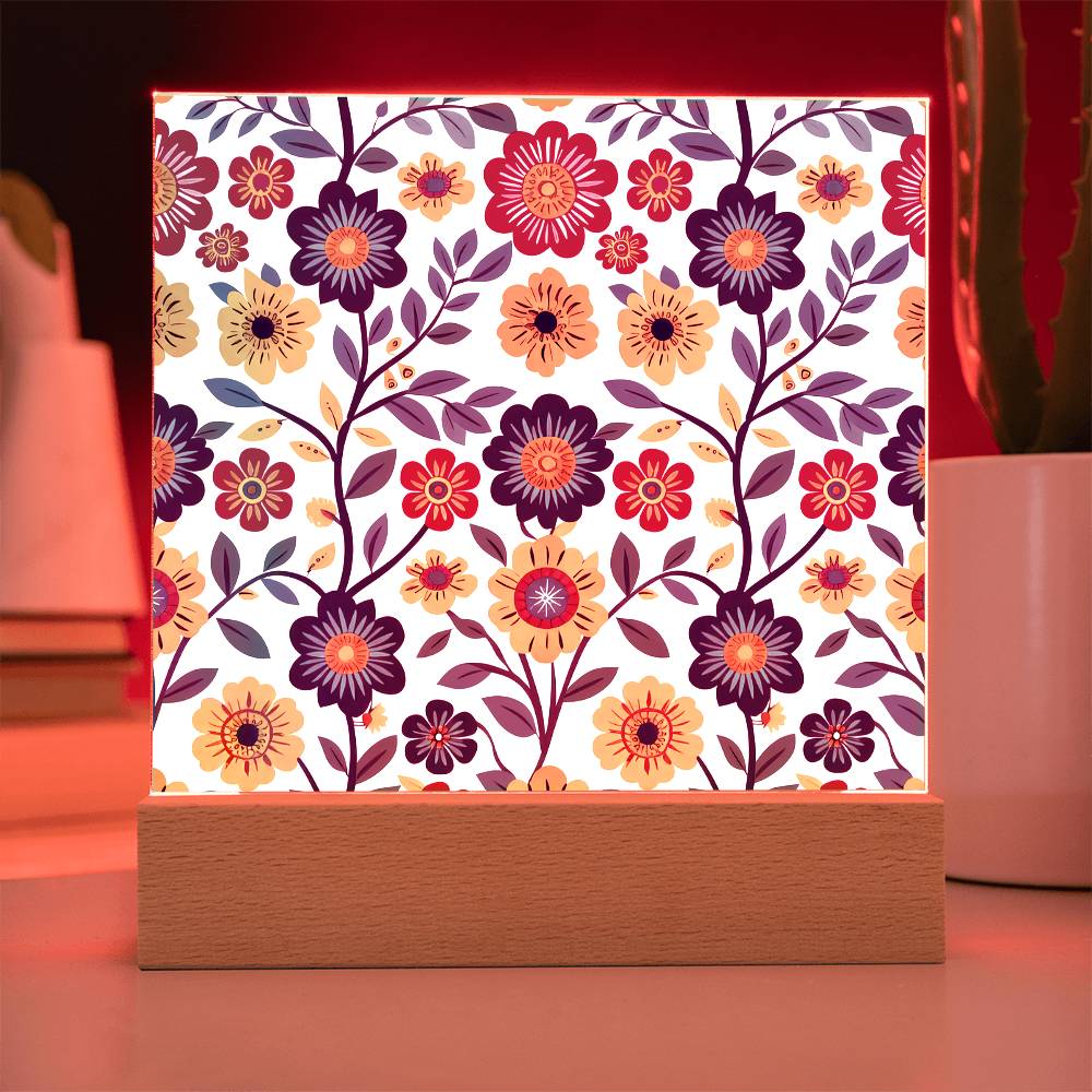 Mexican Floral Fiesta Pattern 002 - Square Acrylic Plaque With LED Base