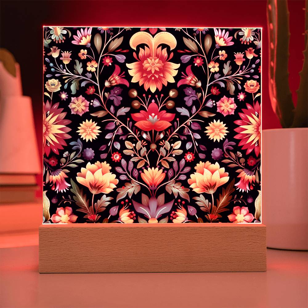 Mexican Floral Fiesta Pattern 063 - Square Acrylic Plaque With LED Base