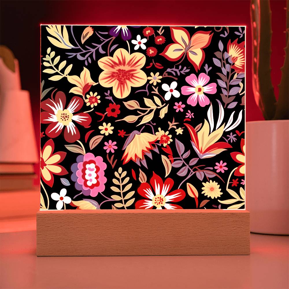 Mexican Floral Fiesta Pattern 037 - Square Acrylic Plaque With LED Base