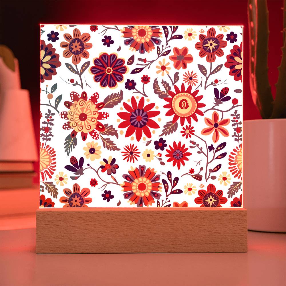 Mexican Floral Fiesta Pattern 026 - Square Acrylic Plaque With LED Base