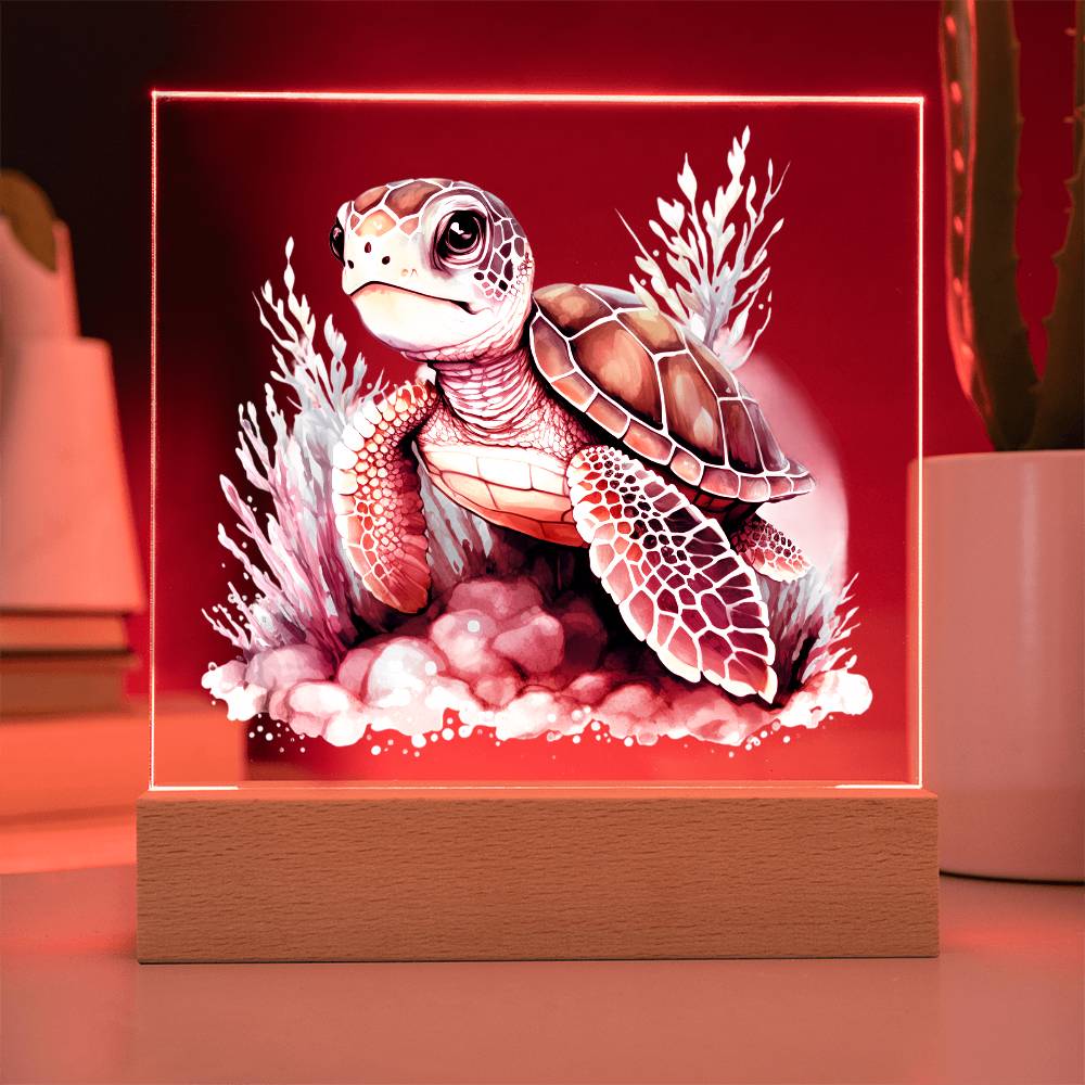Cute Sea Turtle 015 - Square Acrylic Plaque With LED Base