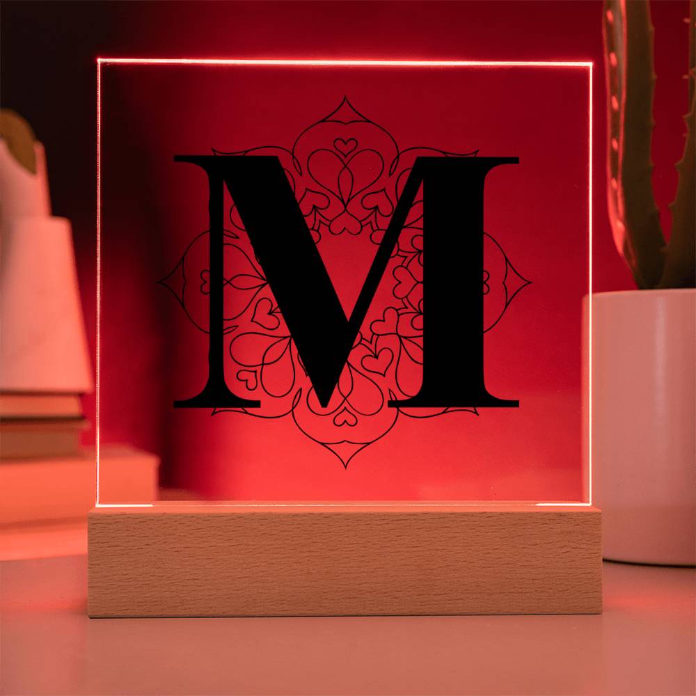 Magnolia Mandala Alphabet Letter M - Square Acrylic Plaque With LED Base