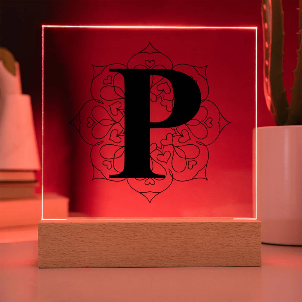 Magnolia Mandala Alphabet Letter P - Square Acrylic Plaque With LED Base