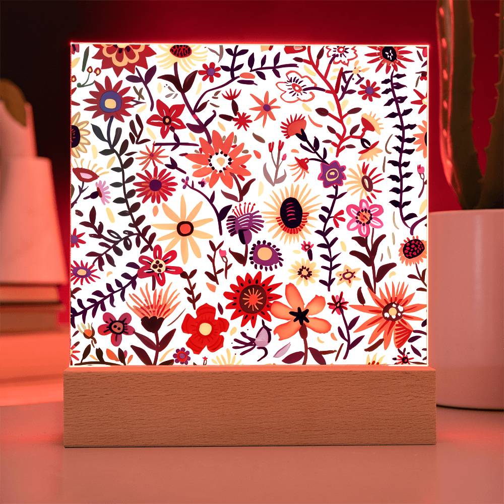 Mexican Floral Fiesta Pattern 011 - Square Acrylic Plaque With LED Base