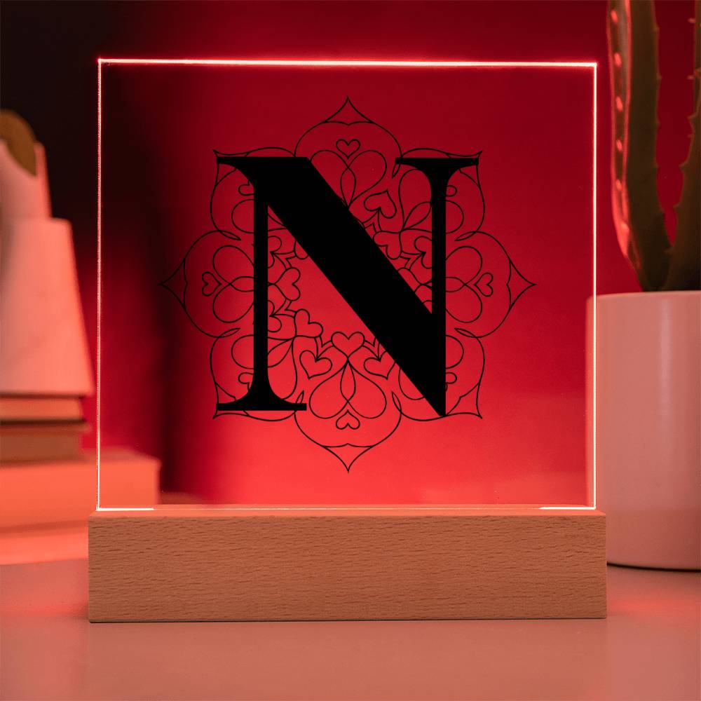 Magnolia Mandala Alphabet Letter N - Square Acrylic Plaque With LED Base
