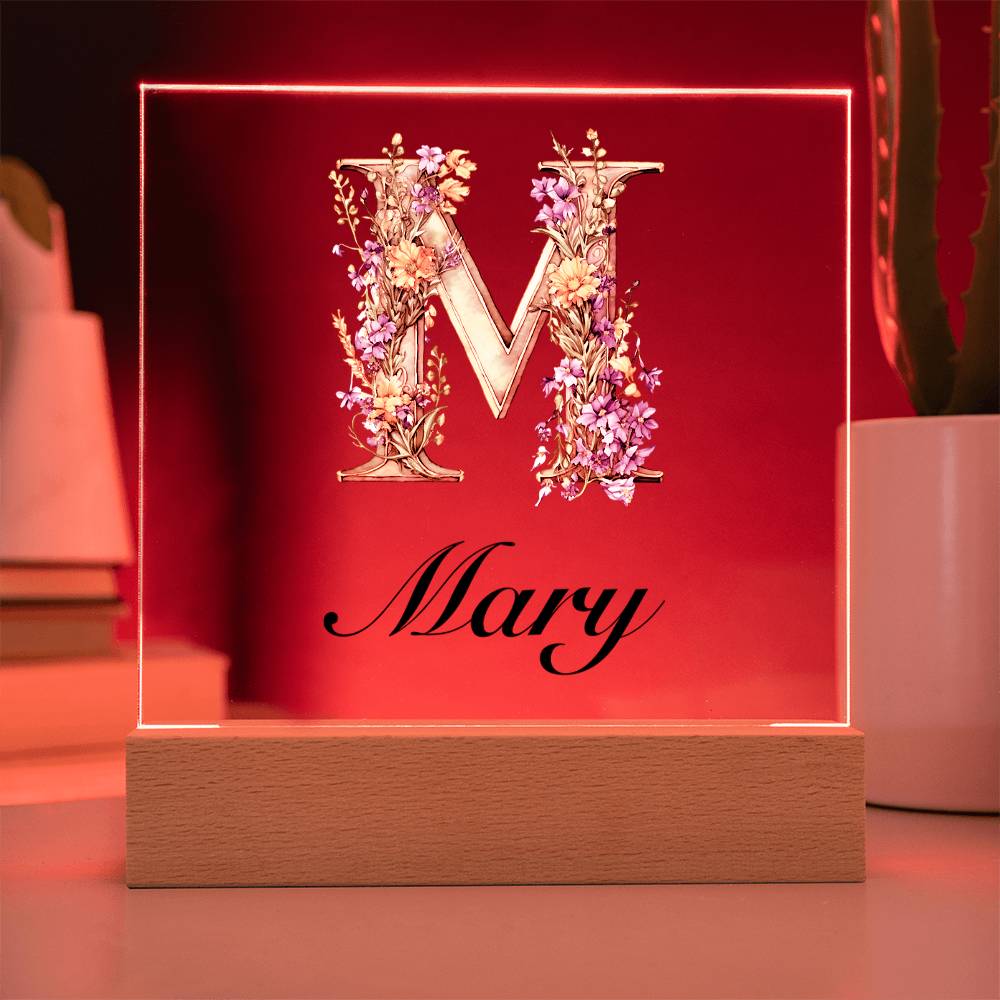Mary (Lavender Flowers) - Square Acrylic Plaque With LED Base