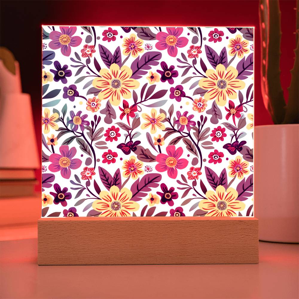 Mexican Floral Fiesta Pattern 064 - Square Acrylic Plaque With LED Base