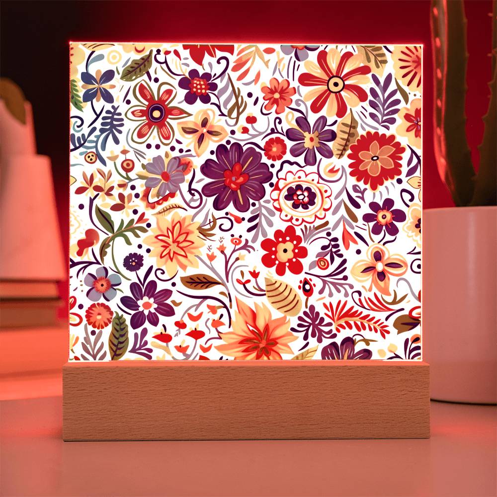 Mexican Floral Fiesta Pattern 072 - Square Acrylic Plaque With LED Base