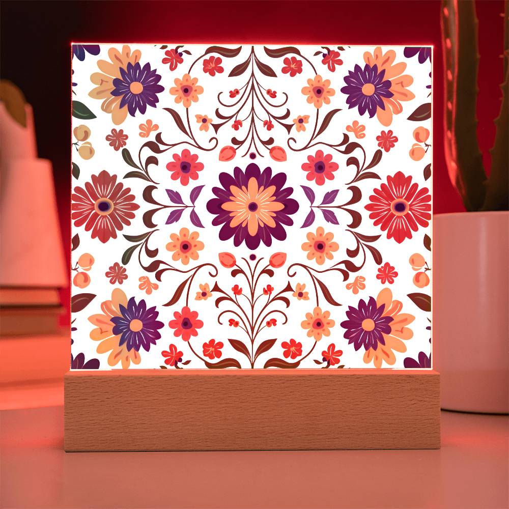 Mexican Floral Fiesta Pattern 016 - Square Acrylic Plaque With LED Base