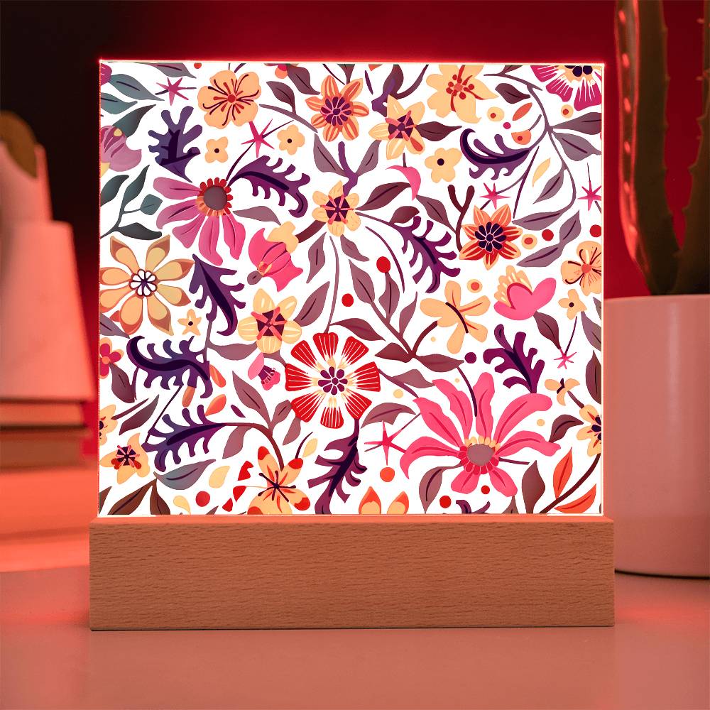 Mexican Floral Fiesta Pattern 003 - Square Acrylic Plaque With LED Base