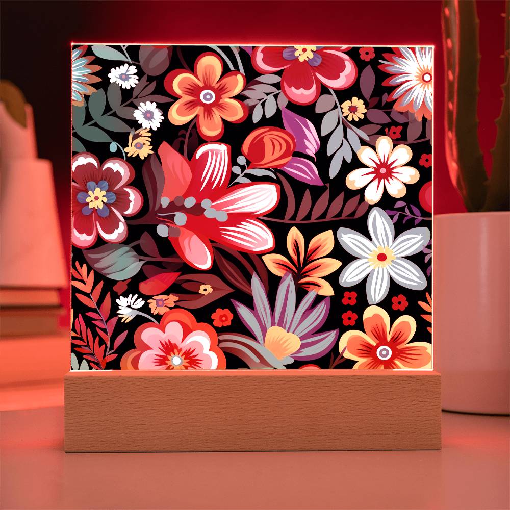 Mexican Floral Fiesta Pattern 054 - Square Acrylic Plaque With LED Base