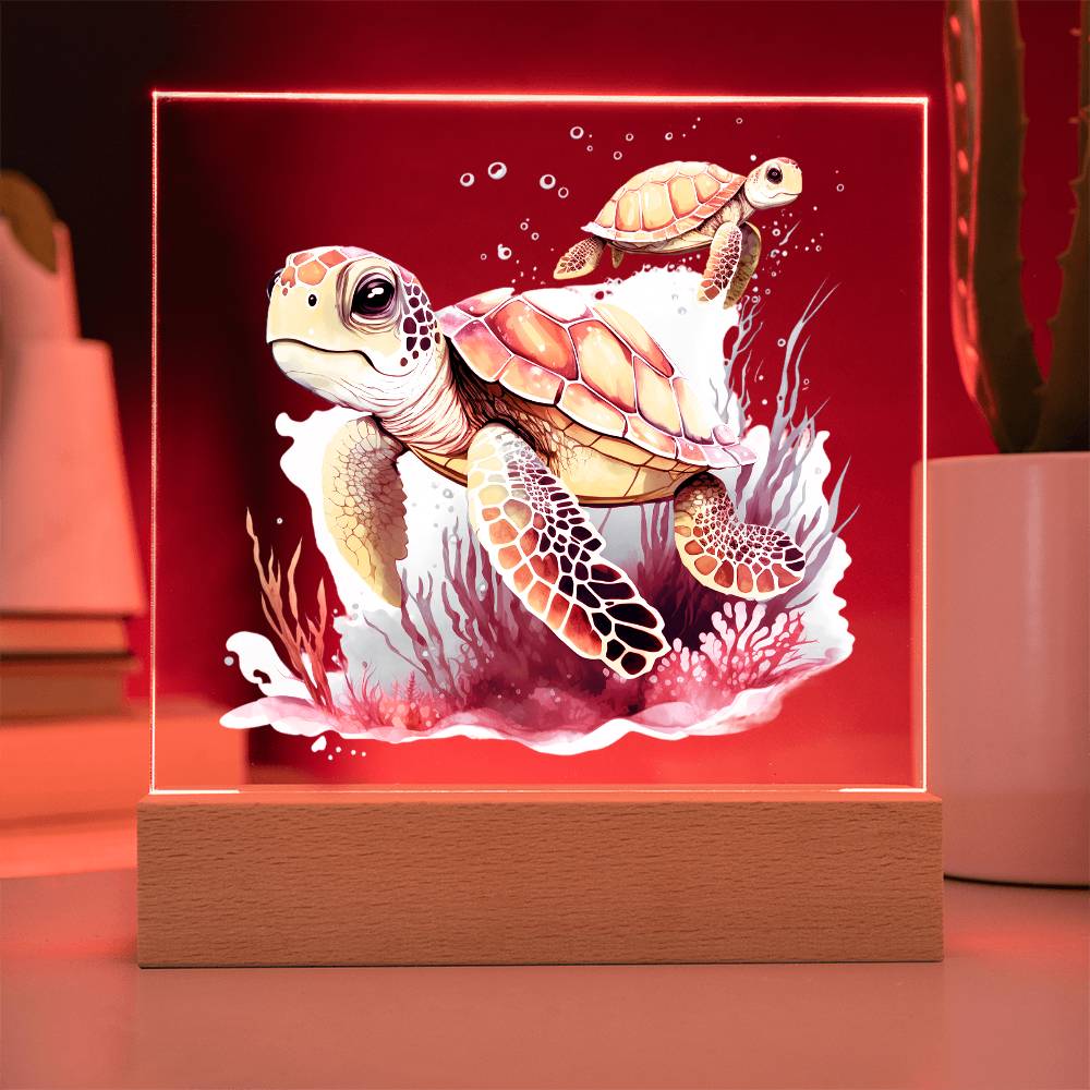 Cute Sea Turtle 008 - Square Acrylic Plaque With LED Base