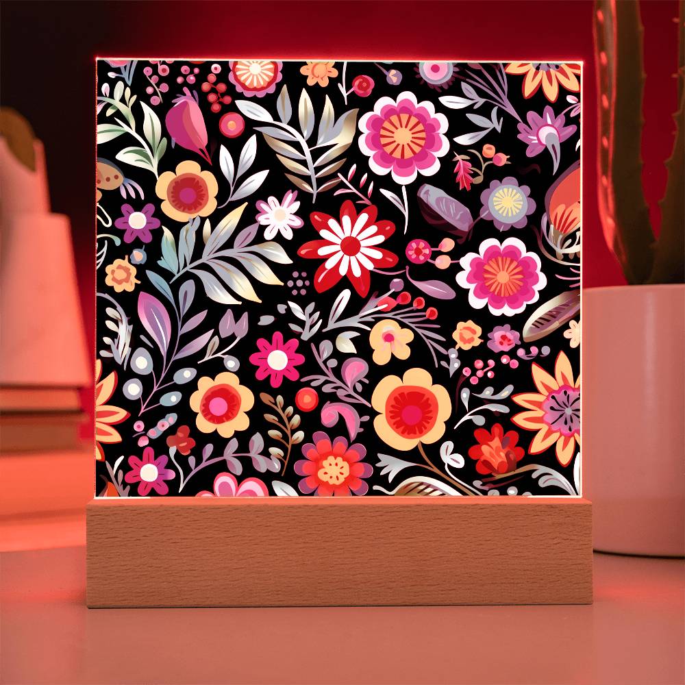 Mexican Floral Fiesta Pattern 060 - Square Acrylic Plaque With LED Base