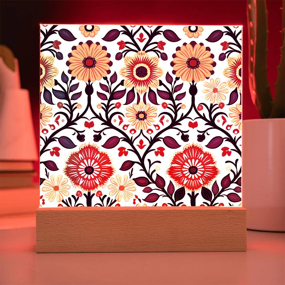 Mexican Floral Fiesta Pattern 043 - Square Acrylic Plaque With LED Base