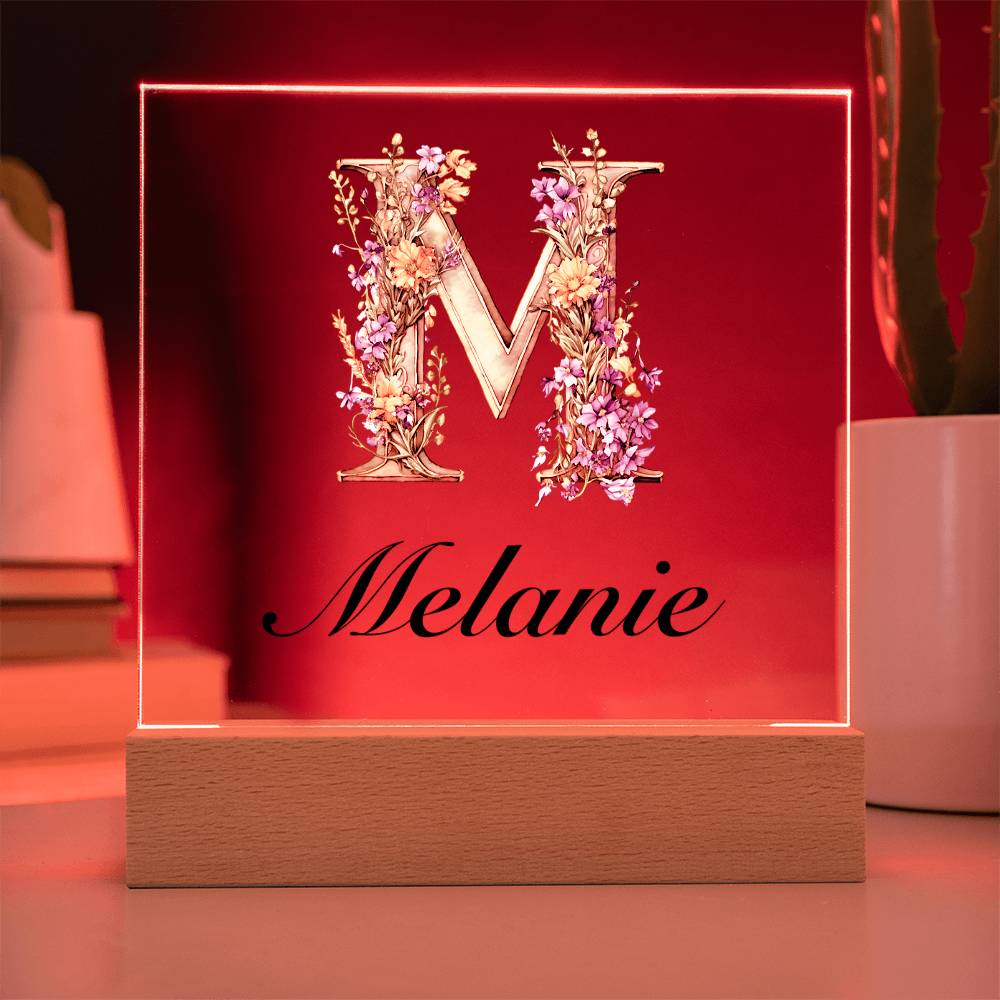 Melanie (Lavender Flowers) - Square Acrylic Plaque With LED Base