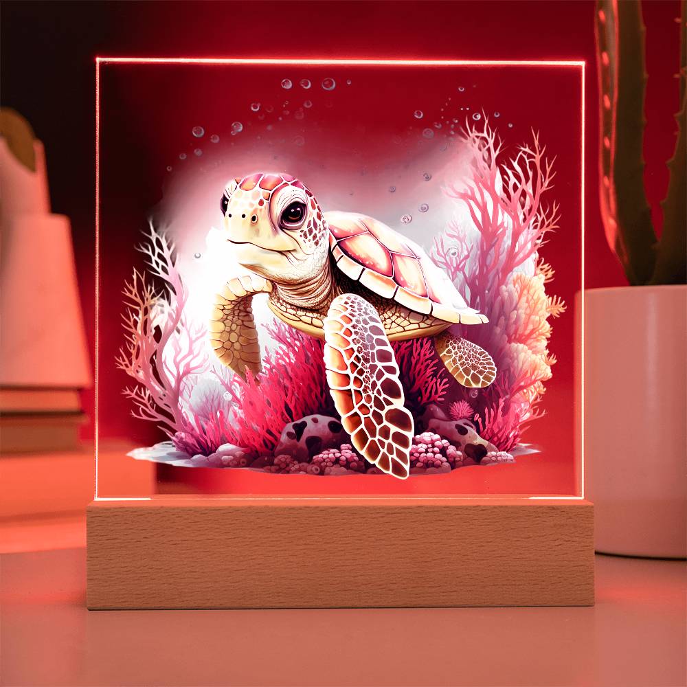 Cute Sea Turtle 006 - Square Acrylic Plaque With LED Base