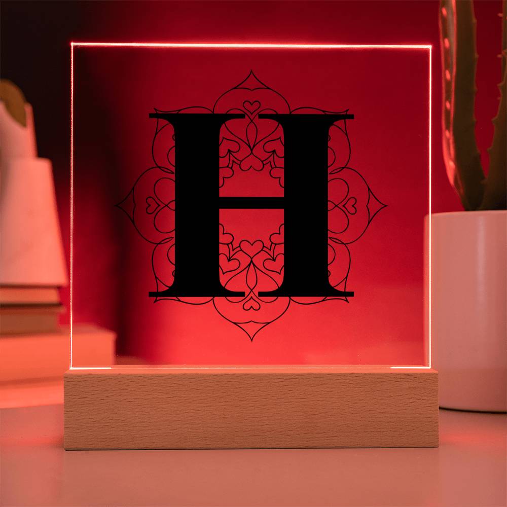Magnolia Mandala Alphabet Letter H - Square Acrylic Plaque With LED Base