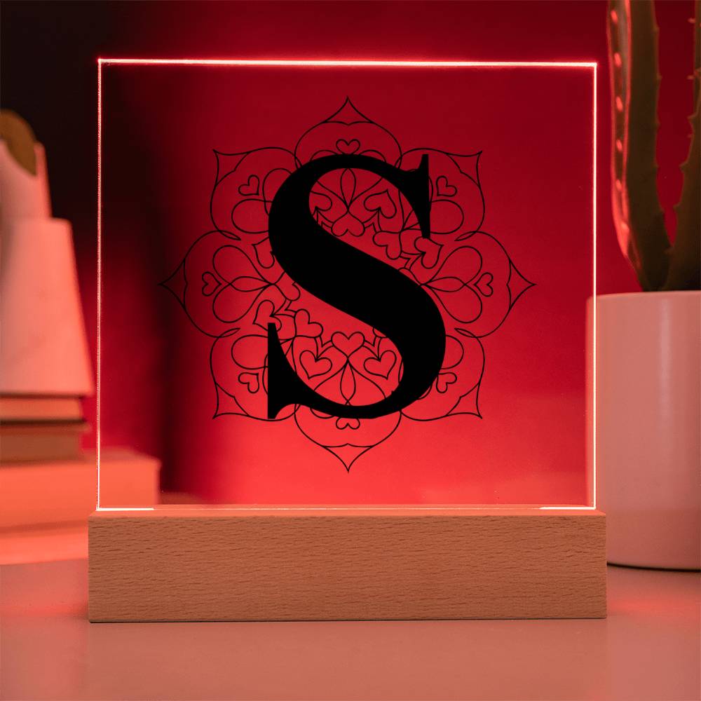 Magnolia Mandala Alphabet Letter S - Square Acrylic Plaque With LED Base