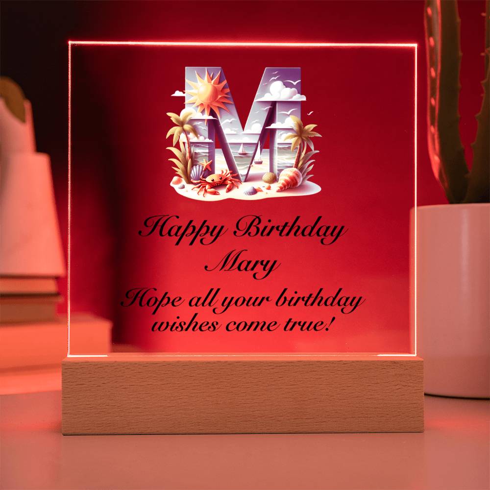 Happy Birthday Mary (Summer Beach) - Square Acrylic Plaque With LED Base